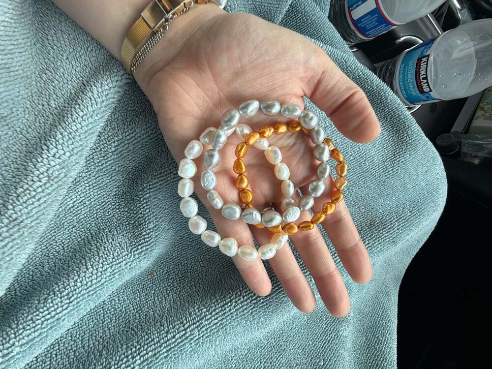 Set of 3 Cultured Freshwater Baroque Pearl Stretch Bracelets in White, Gold/Bron